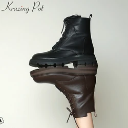 Krazing Pot Brand Genuine Leather Round Toe Western Motorcycles Boots Thick Heels Platform Warm Cross-tied Casual Ankle Boots