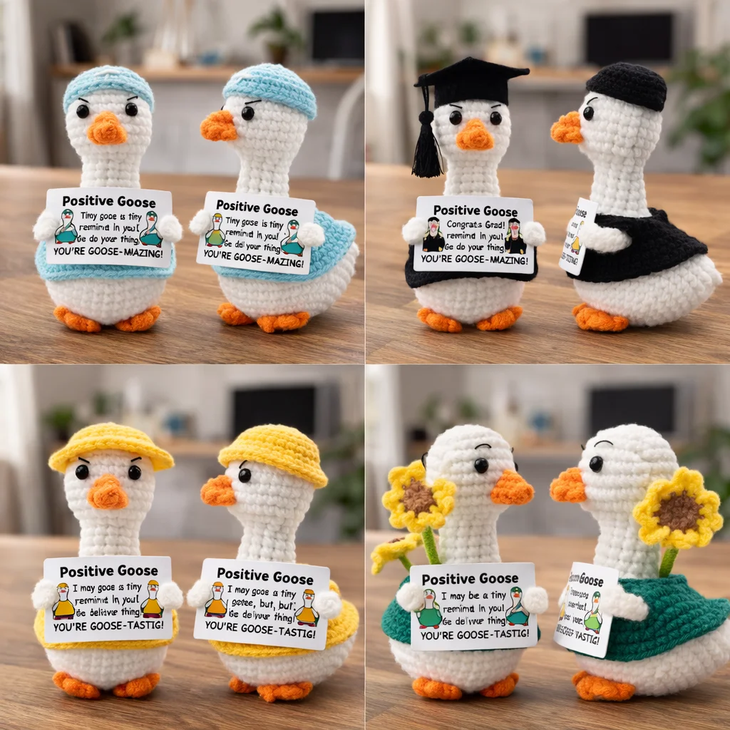 AnimalSeries Positive Energy Cute Duck Crochet Doll Handmade Knitted Decor Ornament with Encouragement Card Mini Desk Decor Gift