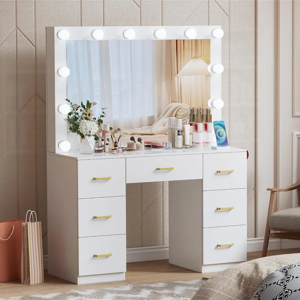 Lighted Mirror Vanity Desk with Adjustable Brightness, 3 Color Modes, Drawer and Power Outlet