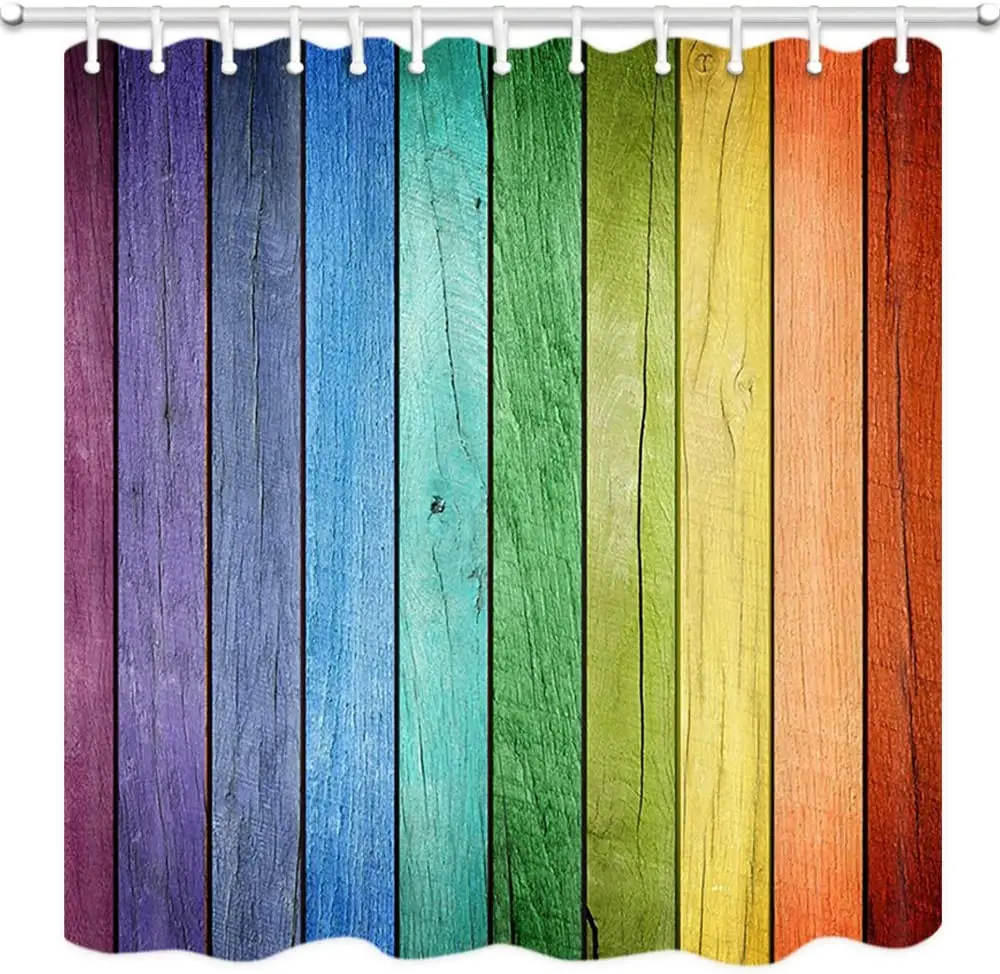 Rustic Decor Shower Curtain Modern Simple Color Colorful Wooden Board Bathroom Polyester Fabric Bath Curtains with Hooks