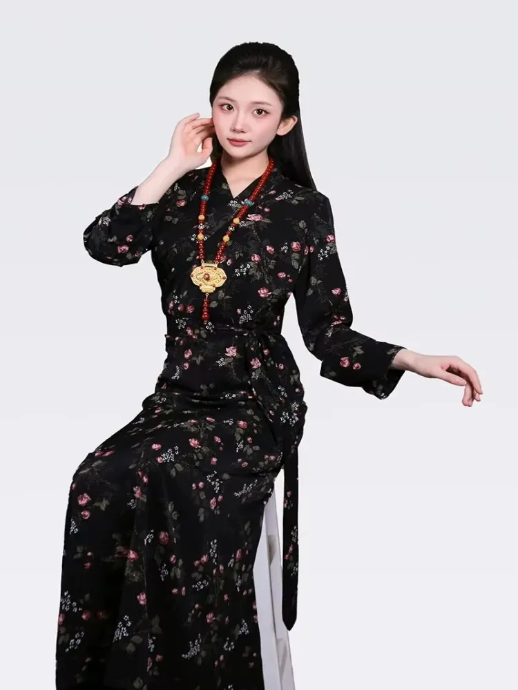 Chinese Tibetan Lhasa Summer Floral Bora Wrapped Skirt Long Dress