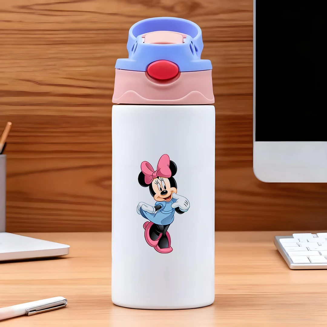 

Disney Minnie Mouse cartoon straw cup blue dress pink bow crescent eyes confident expression black background 304 stainle