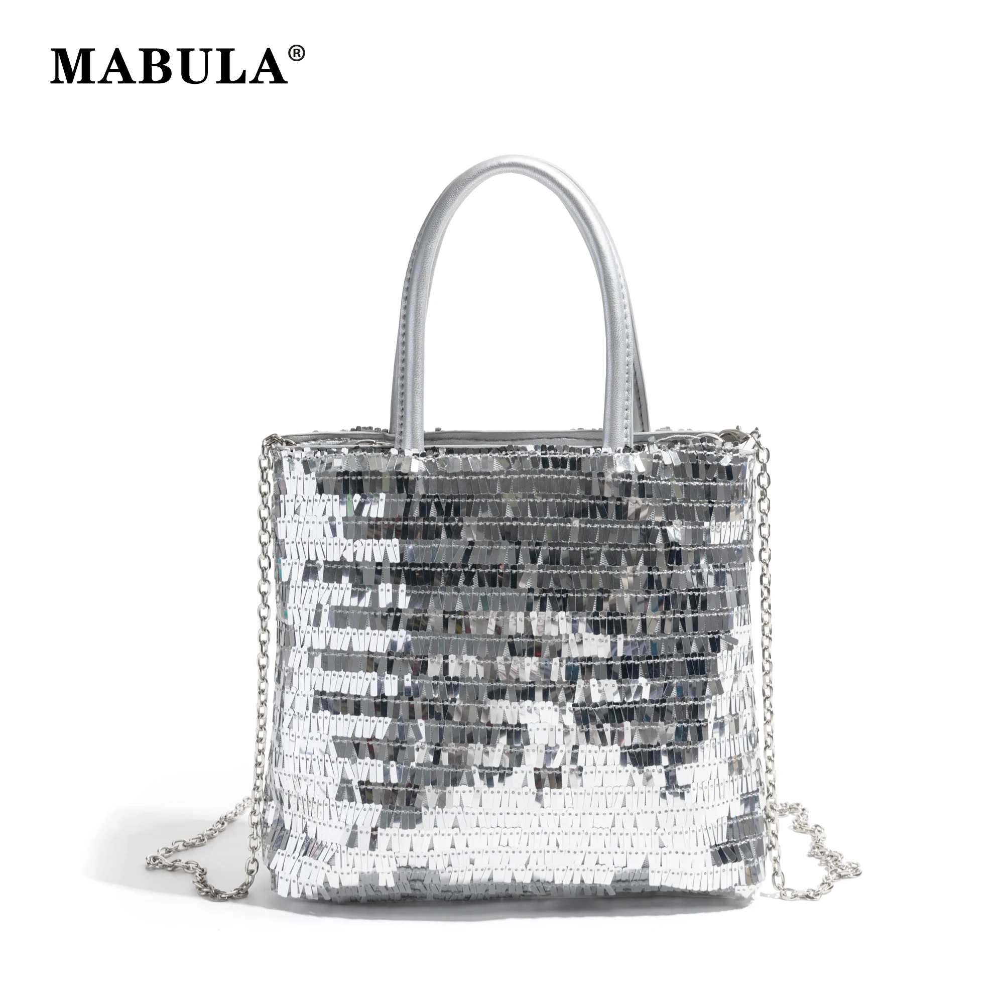 

MABULA Fashion PU Leather Square Hobo Handbag Korean Style Glitter Sequin Chain Crossbody Satchel Lady Evening Party Phone Purse