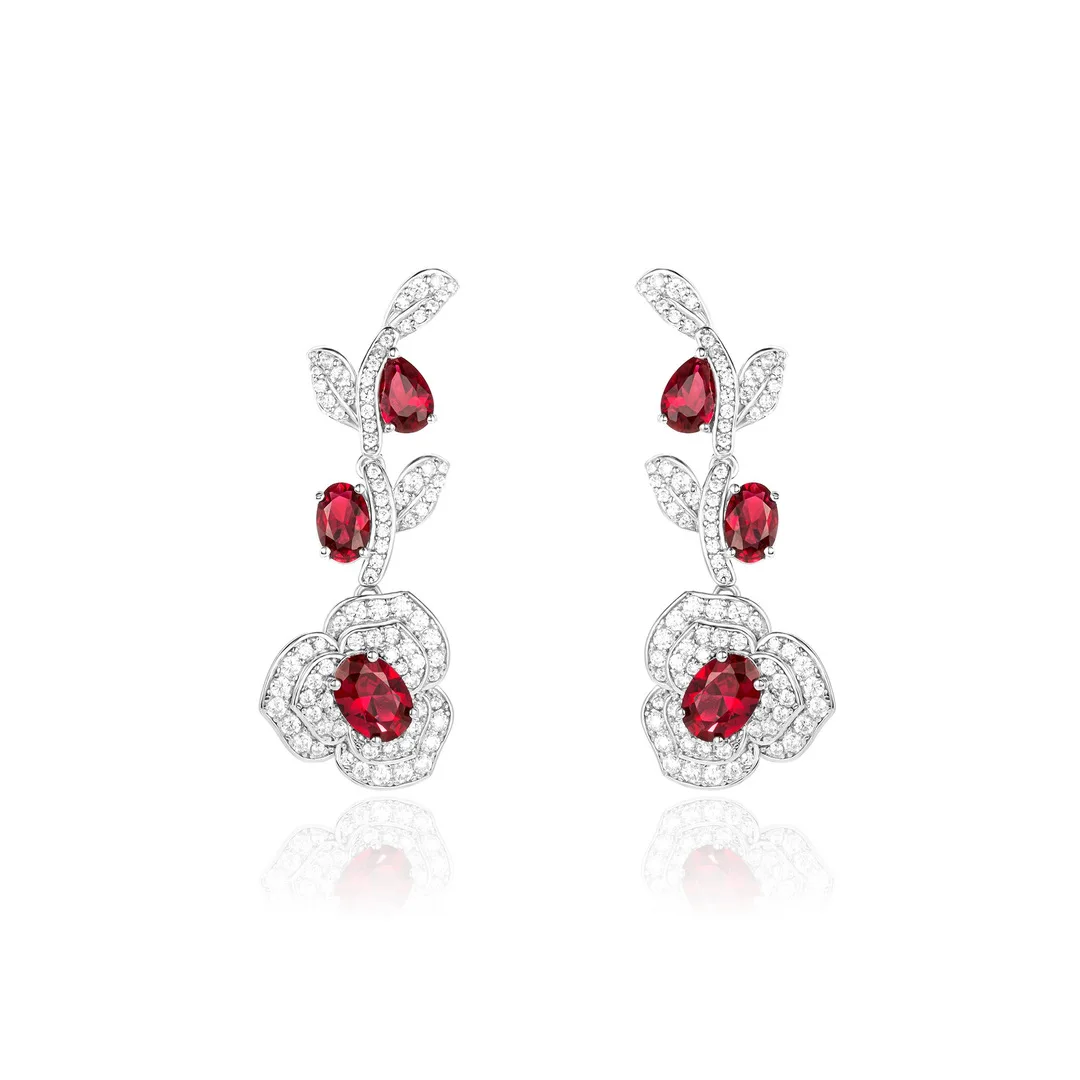 ZOCA 925 Sterling Silver Rose Flower Crystal Drop Earrings For Women Mood Stone Ruby Color Ear Party Birthday Girl Gift