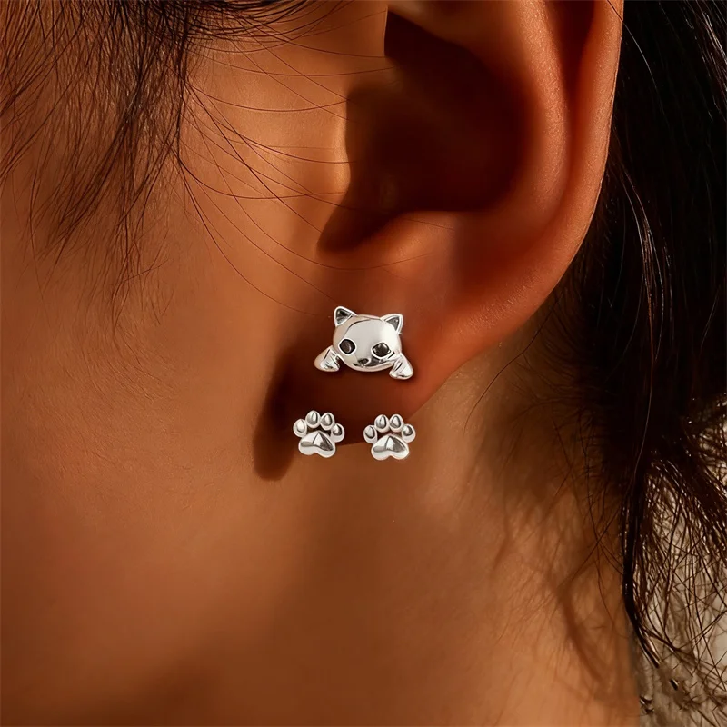 Lady cat paw front and back ear studs, simple and retro unique animal-shaped earrings, suitable for daily wear