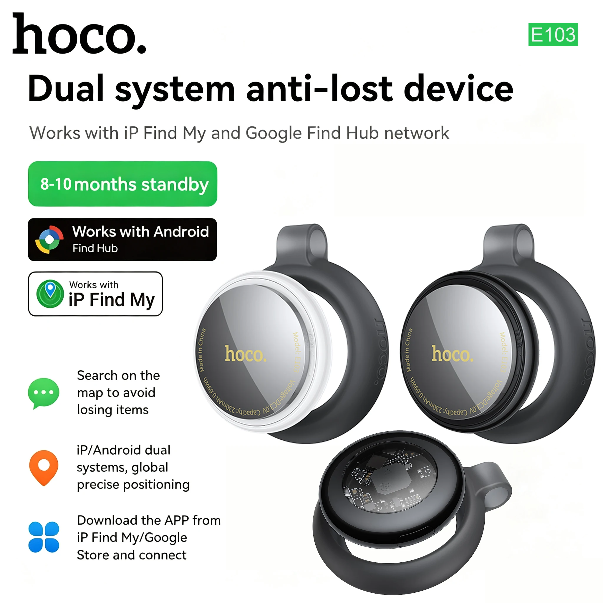 HOCO E103 Air Tags Trackers for IOS and Google Android Mobile Phone Anti Lost Device Thin Personal Locator for Kids Car Pets Key