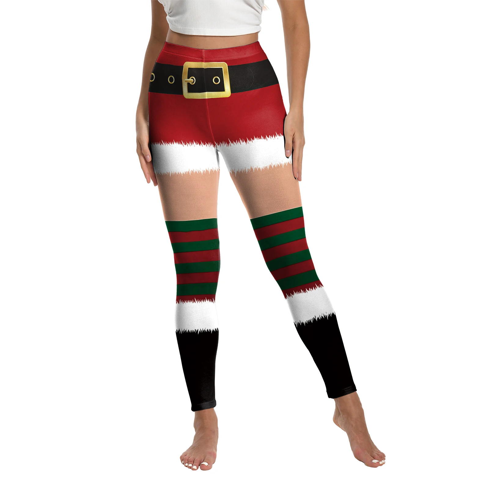 [You're My Secret] Women Leggings for Christmas Elf Striped Printed Active Workout Running Warm Gym Pants Stretchy Trousers