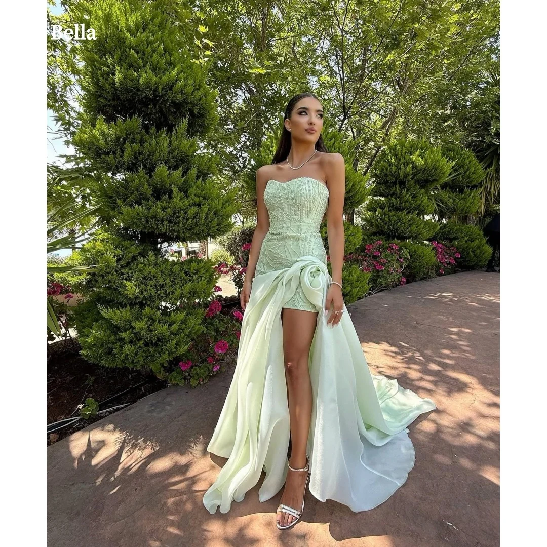 

Bella Customized Green Beading Side Slit Strapless robes de soirée Backless Sleeveless Party Dresses Floor-Length Prom Dress