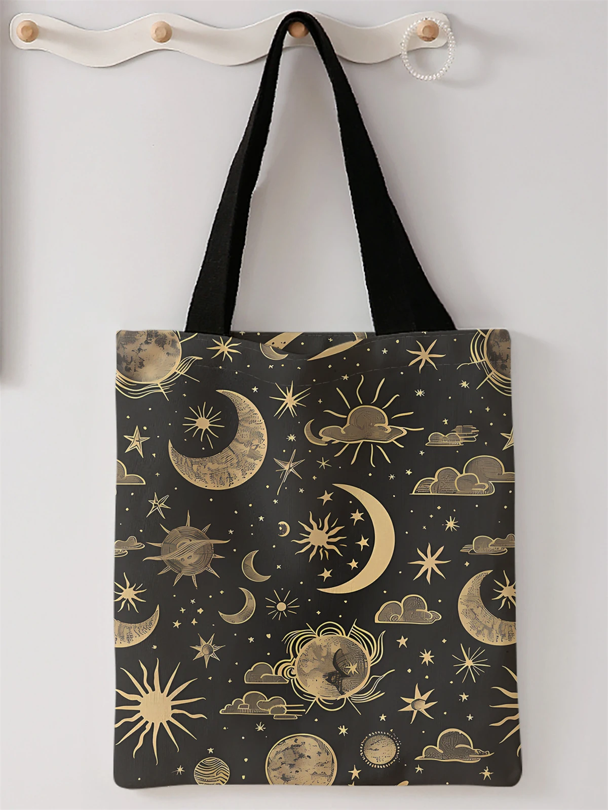 Bolso casual estampado con diseño de luna y estrella, mochila de moda reutilizable, bolso multifuncional, bolso de compras de lona