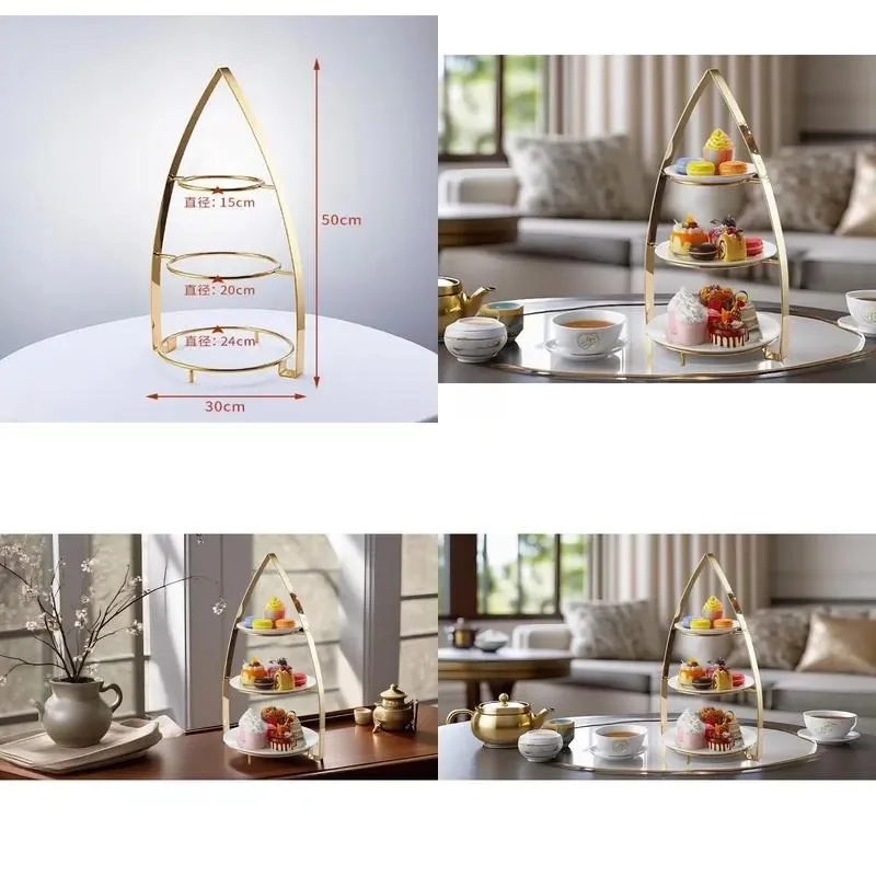 Factory Price Gold Shiny Dessert Table Ornament Triple Metal Gold Cake Standing Plate Set Wedding Ornament