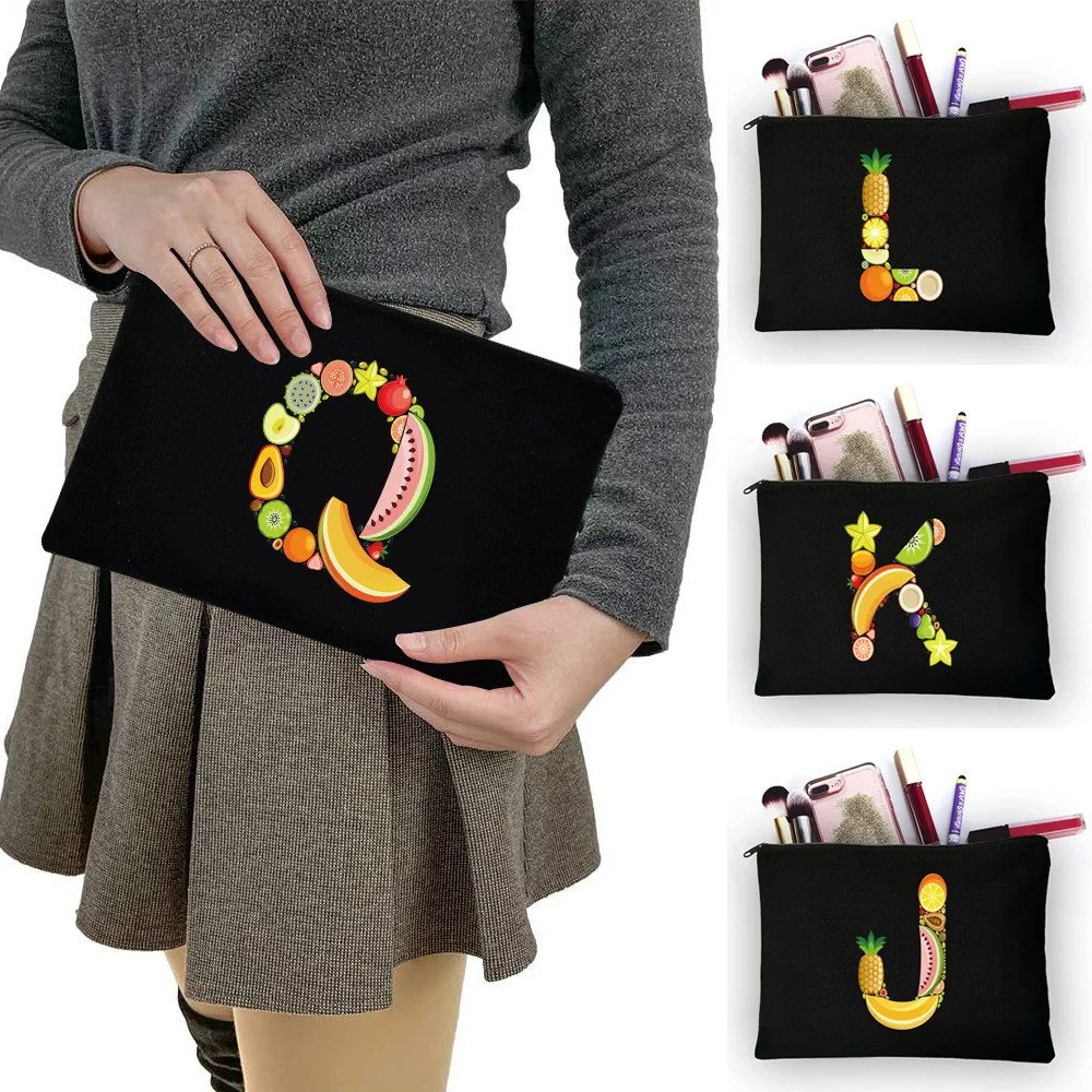 Basic Black Flat Canvas Pouch With Fruit Letter Print Zipper Organizer for Makeup Stationery Phone Keys
