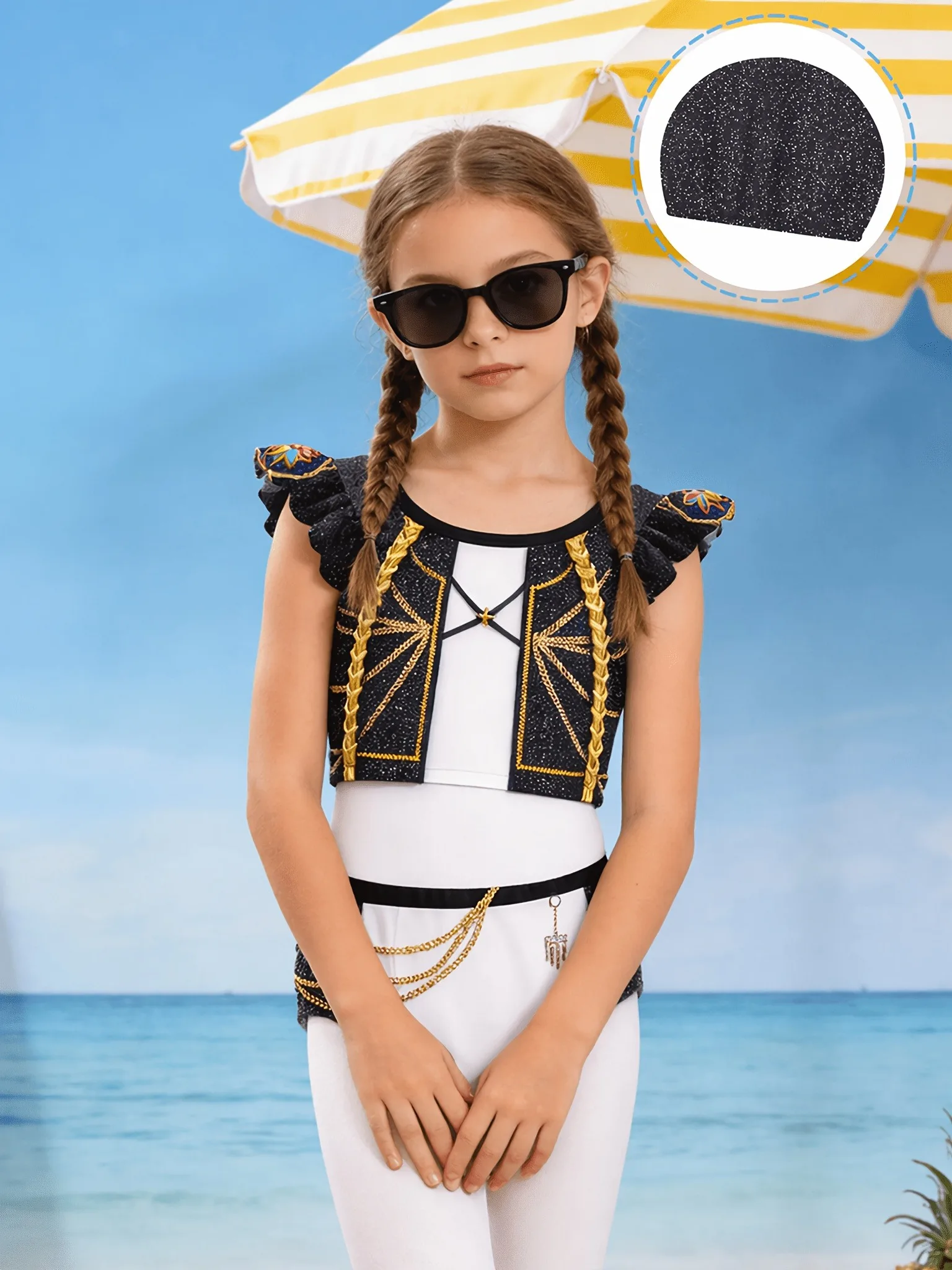 Trendiger 3-teiliger Luxus-Badeanzug für Mädchen, Schwarz-Gold Glitzer Rüschenärmel Crop Top & Badeshorts + Leggings mit Badekappe für Kinder