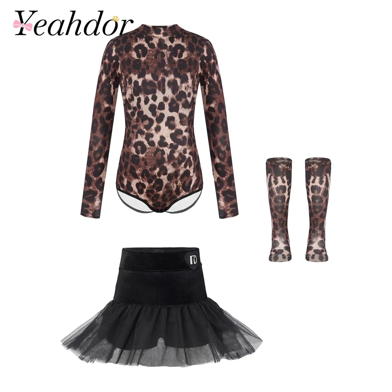 Kids Girls Leopard Print Latin Dance Outfit Long Sleeves Leotard with Tulle Skirt Socks American Dance Rumba Dancing Costumes