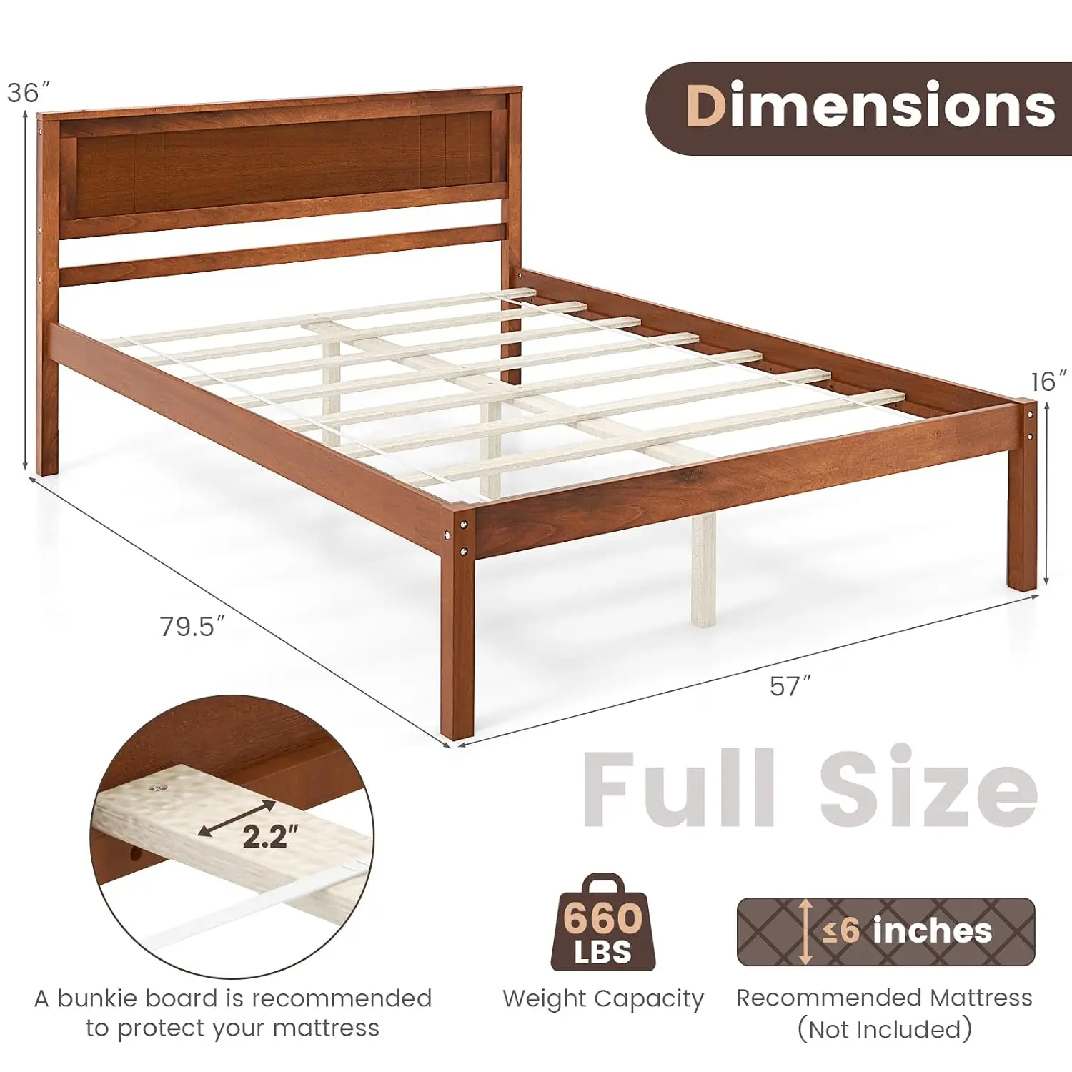 Full Size Wood Platform Bed Frame with Headboard & Slat Support, 7-Leg Base, Under Storage, 16-Inch Foundation, No Box Spring Ne