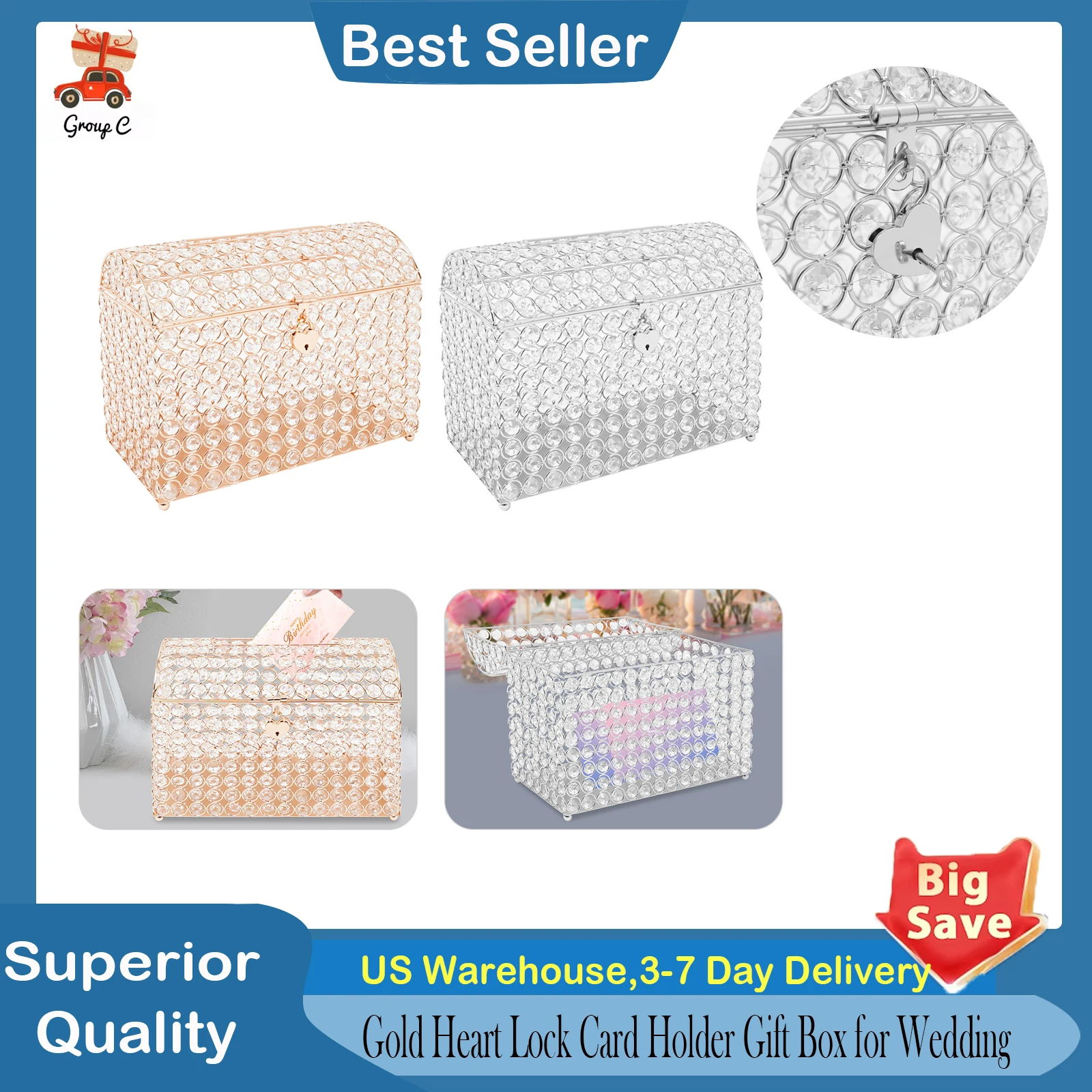 

Wedding Card Box Crystal, Gold Heart Lock Card Holder Gift Box for Wedding Reception for Party Table Decorations