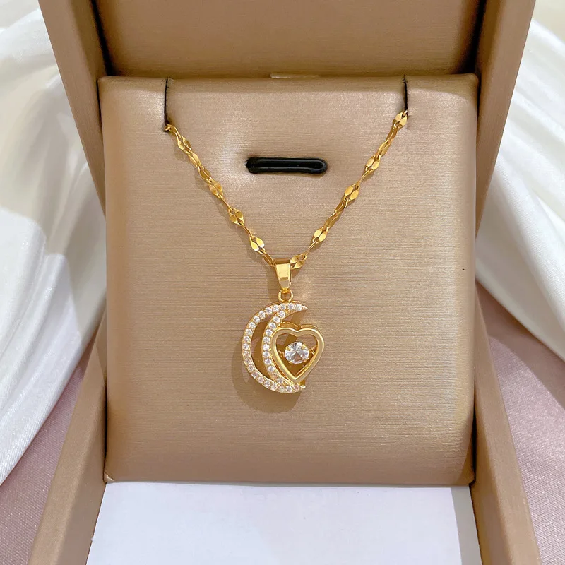 Stainless Steel Fashion Heart Moon Charm Necklace Delicate Clavicle Rotate Crystal Rhinestone Chain Necklace For Women Jewelry