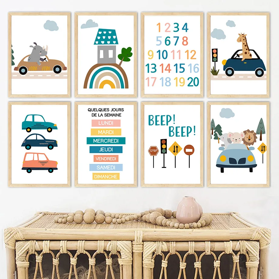 1PC frameless decorative art print,Boho Lion Giraffe Car Traffic Rainbow Number Wall Art Canvas Painting Cartoon Posters And Pri