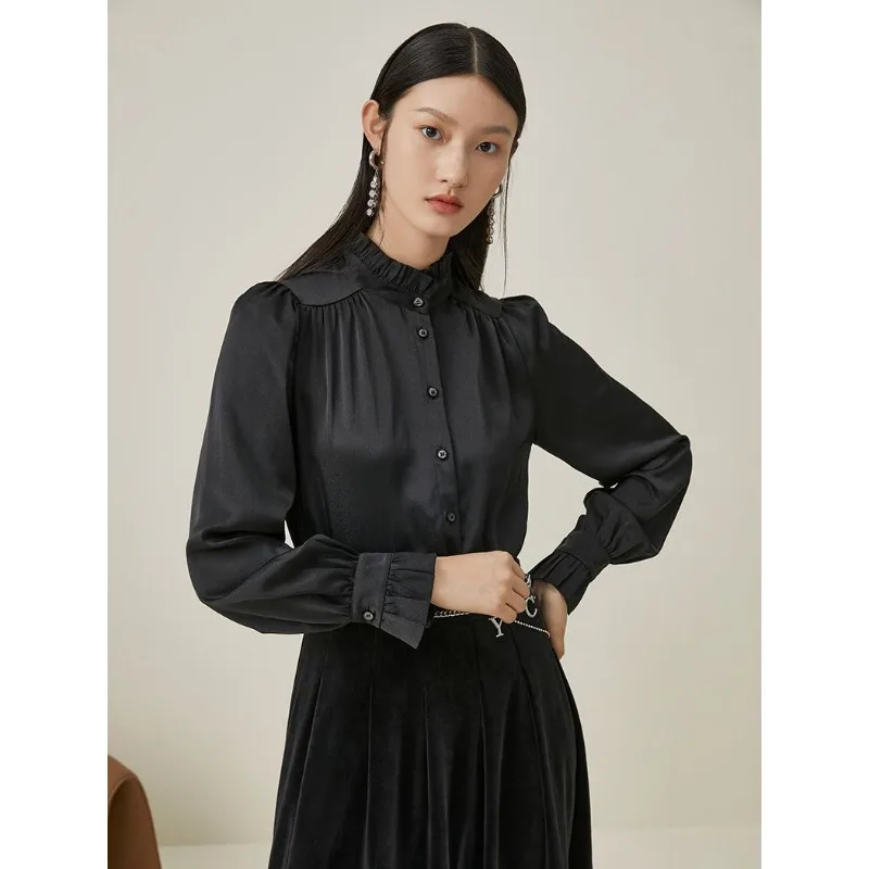 

Pleated Stand-up Collar Shirt, Autumn Design Black Long-sleeved Shirt Stylish and Casual Button Cardigan