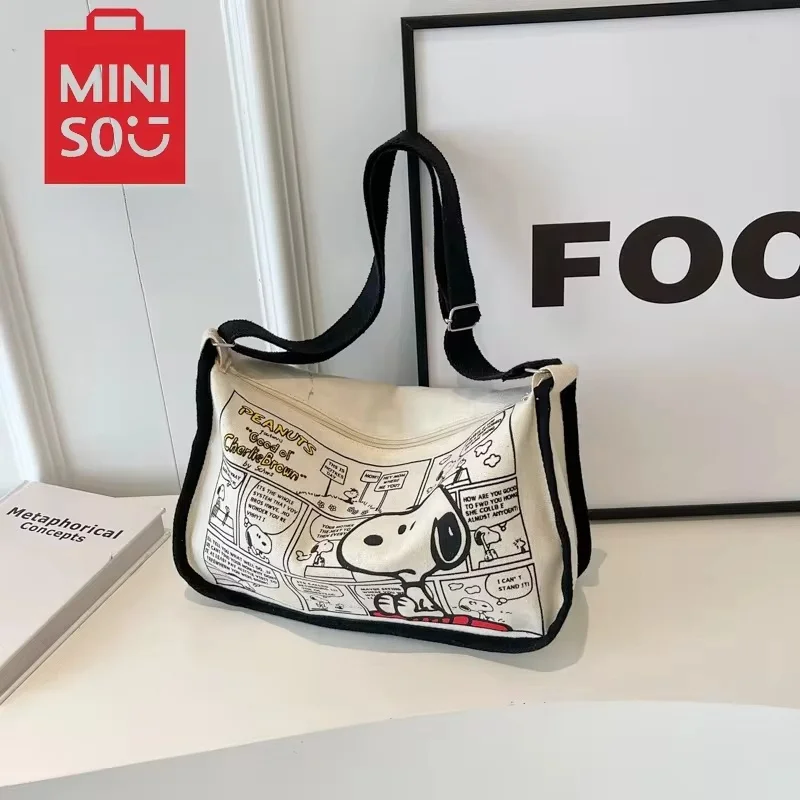 

MINISO series cartoon canvas bag large capacity handbag Snoopy shoulder bag women's crossbody bag adjustable shoulder strap