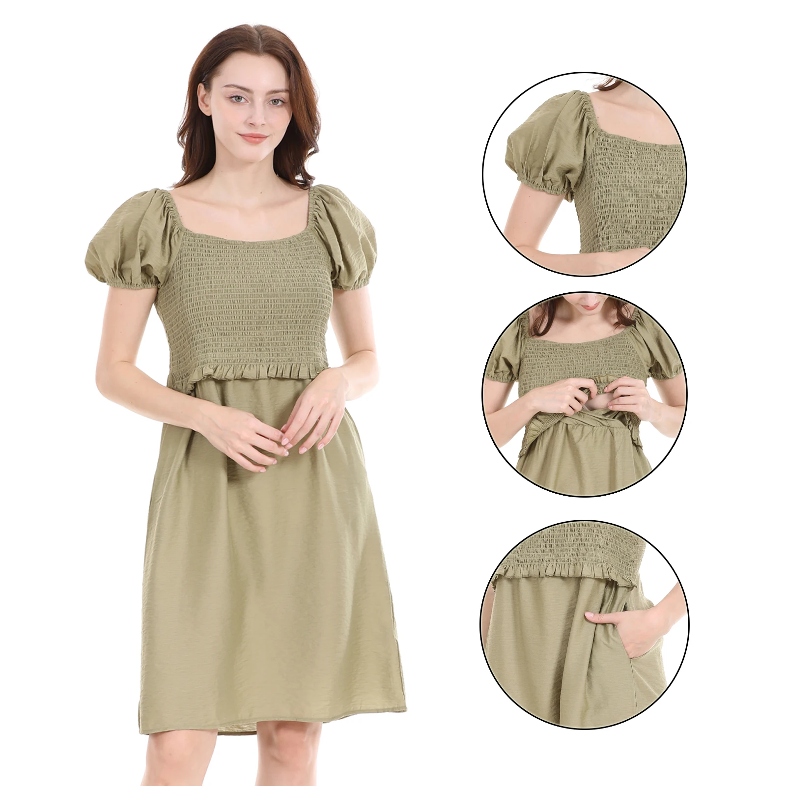 Maternity Clothes Dress Puff Sleeves Nursing Dress Square Neck Breastfeeding Dress Skirt Knee-Length Dresses for Pregnant Women