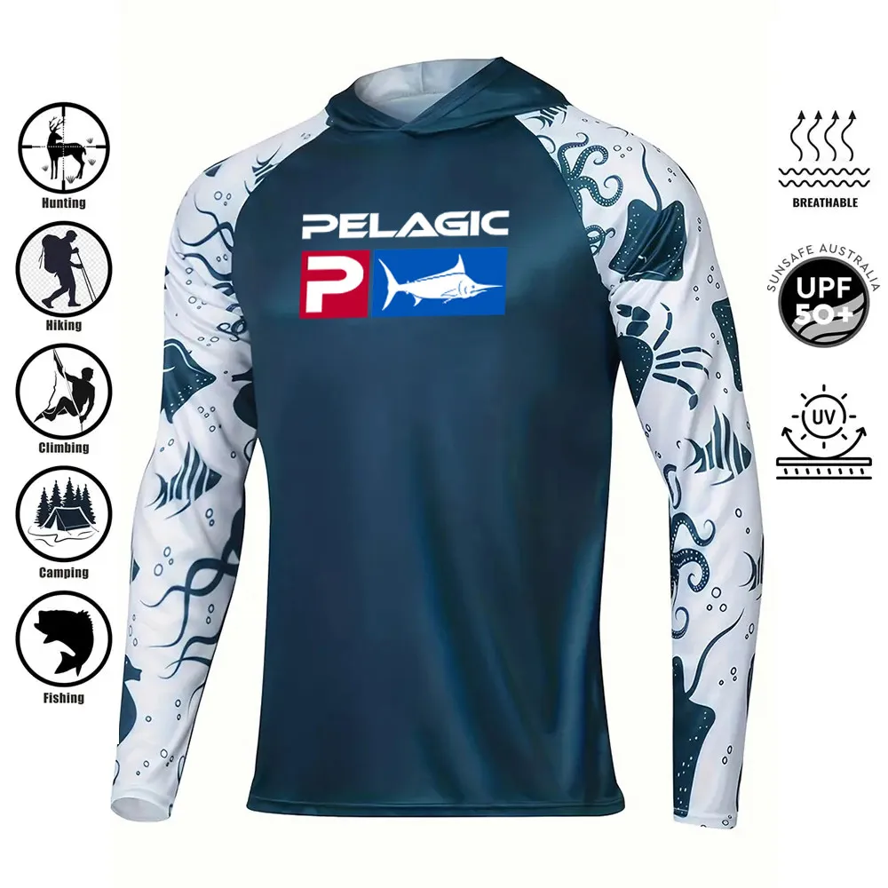 

Pelagic Men's Fishing Shirt Hooded Long Sleeve Sunblock UPF 50+ Outdoor Camouflage Moisture Wicking Jersey Fishing Apparel Tops