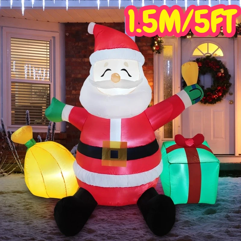 Decoraciones navideñas de 5 pies, Papá Noel inflable con galleta y bolsa de regalo, juguetes, adornos para el patio del hogar, juguete de decoración navideña LED
