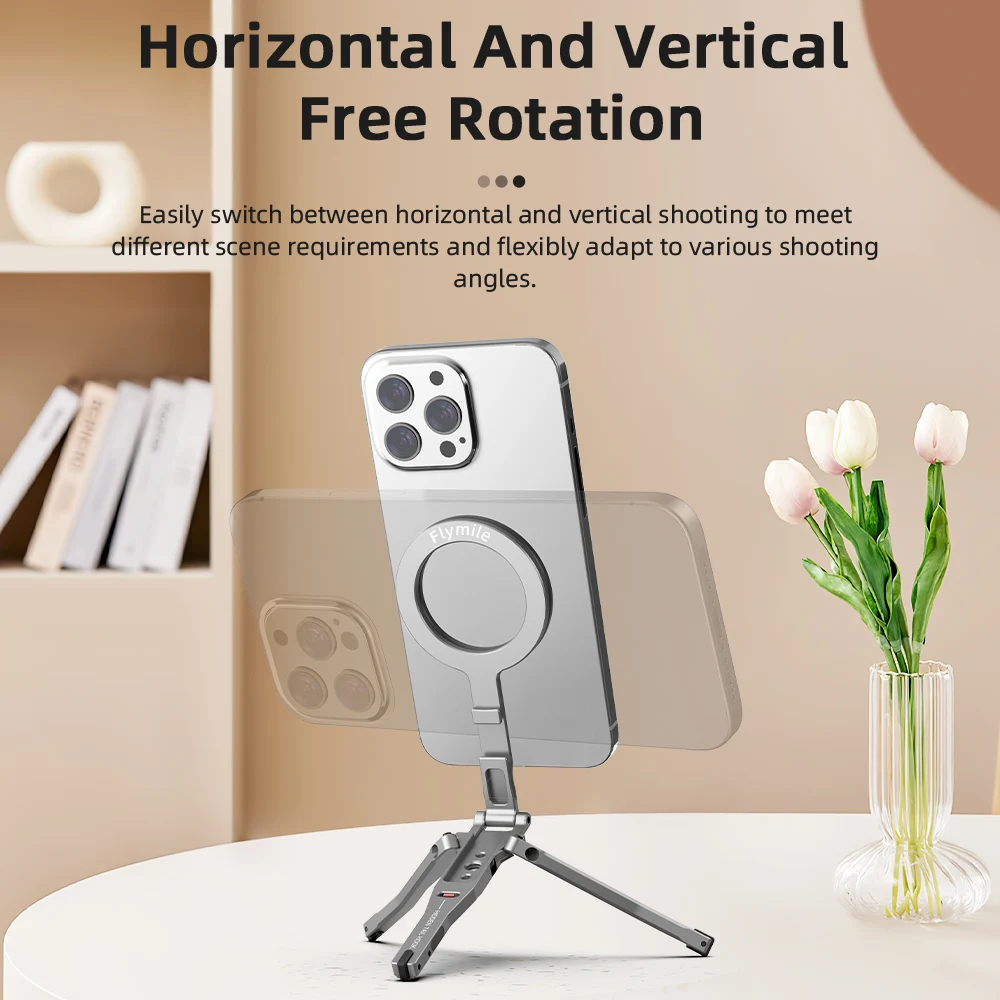 Flymile Magnetic Selfie Stick Tripod for iPhone 16 15 14 13 12 Pro Max Phone Foldable Tripod 1/4" Holes Compatible with MagSafe