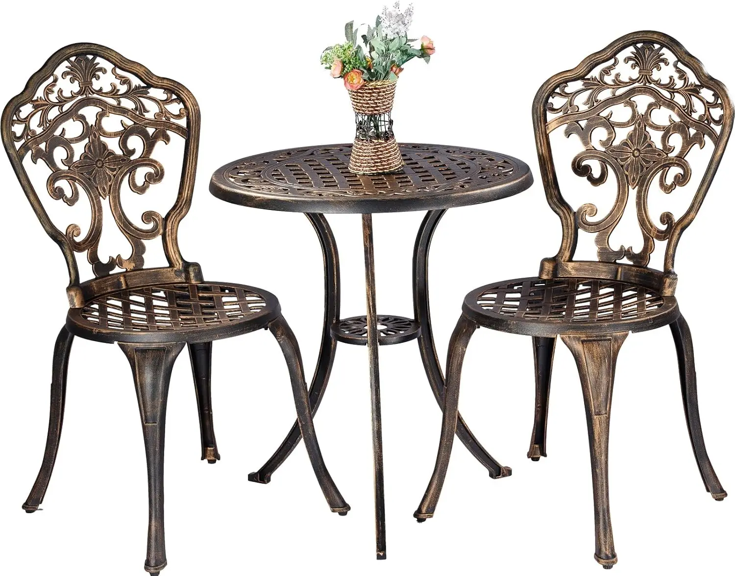 Set 3 Piece Rustproof Cast Aluminum Patio Furniture Sets 2 Chairs and 1 Round Table Outdoor, Garden, Patio, Balcony, Bronze