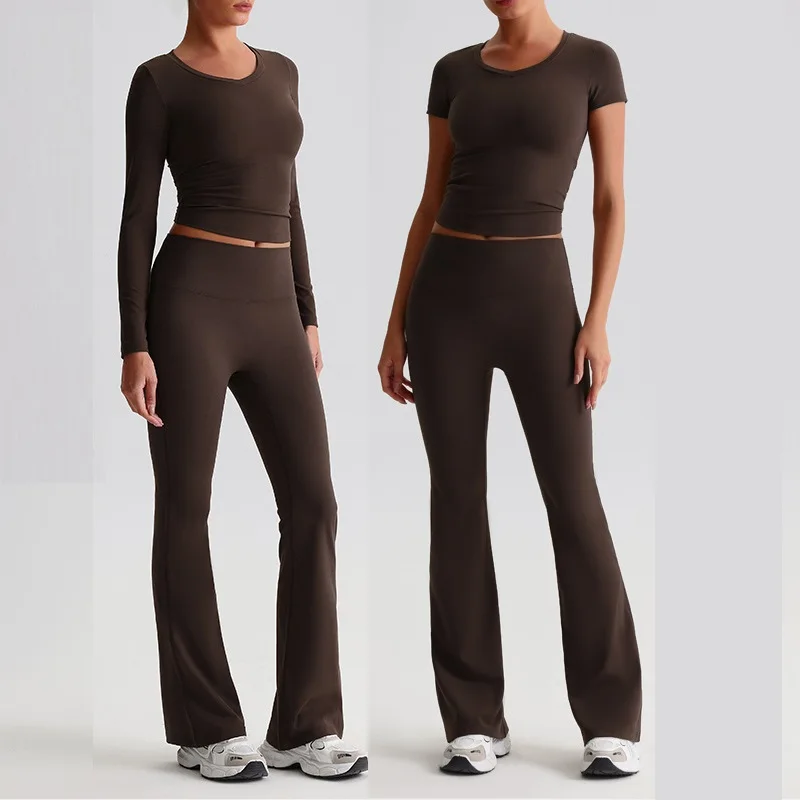 

Solid Color Gym Yoga Set flares Legging Fitness Short-sleeved T-shirt Top 2pcs Soft Sport Suit Women Sportwear