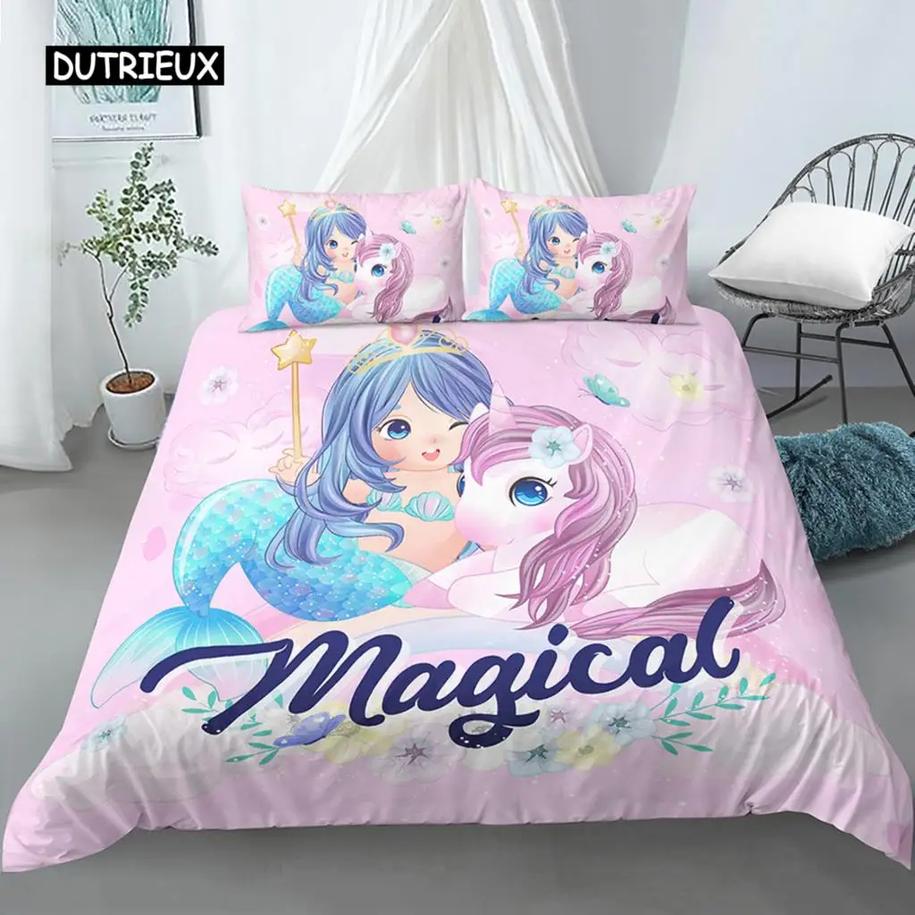 

Pink Bedding Set Mermaid Unicorn Duvet Cover Set Cartoon Animal Girl Princess Quilt Cover Full Size For Children Gifts Decor