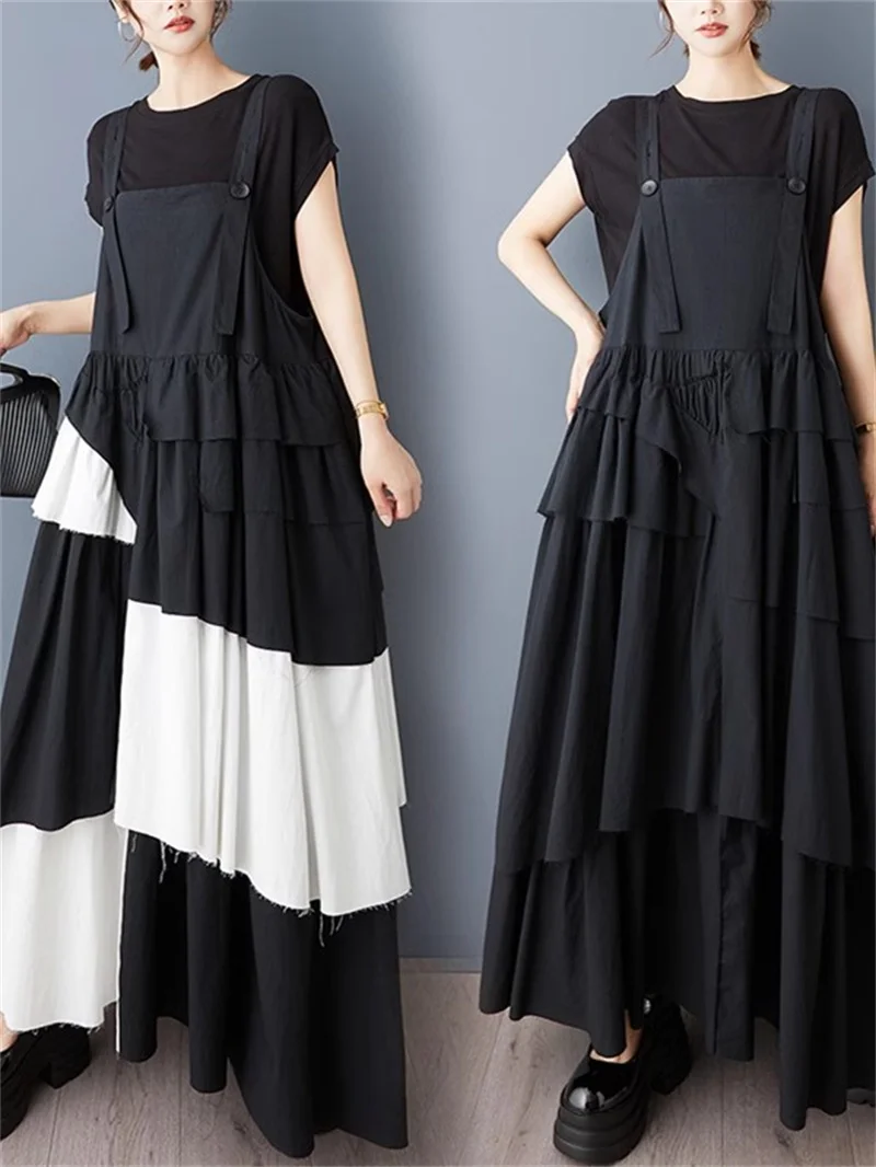 Oversized Women's Summer Patchwork Dress with Color Blocking, Asymmetric Hem & Adjustable Straps – Niche Casual Design G209