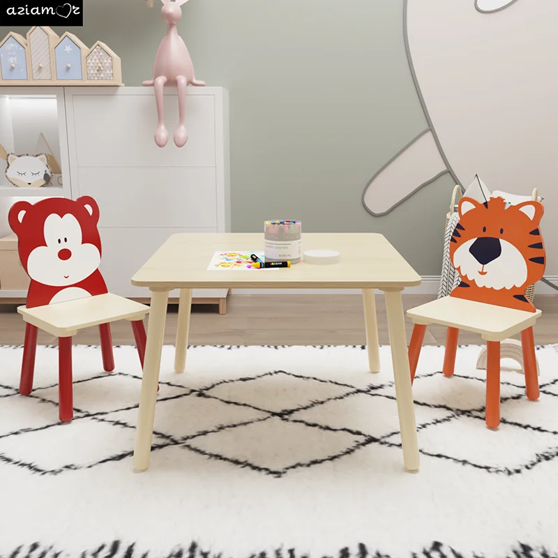 Conjunto de mesa e cadeira infantil, Conjunto de cadeira e mesa para crianças, Mesa de madeira, Urso e Tigre, 3 peças