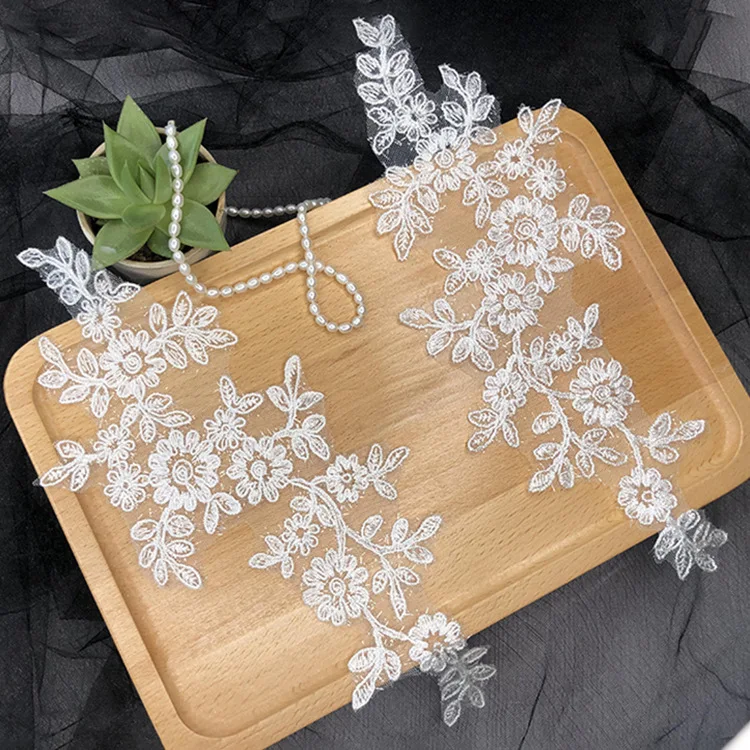 Gaun Pengantin Renda Tulang Mobil DIY Perhiasan Bunga Putih Bordir Renda Potongan Renda Bunga