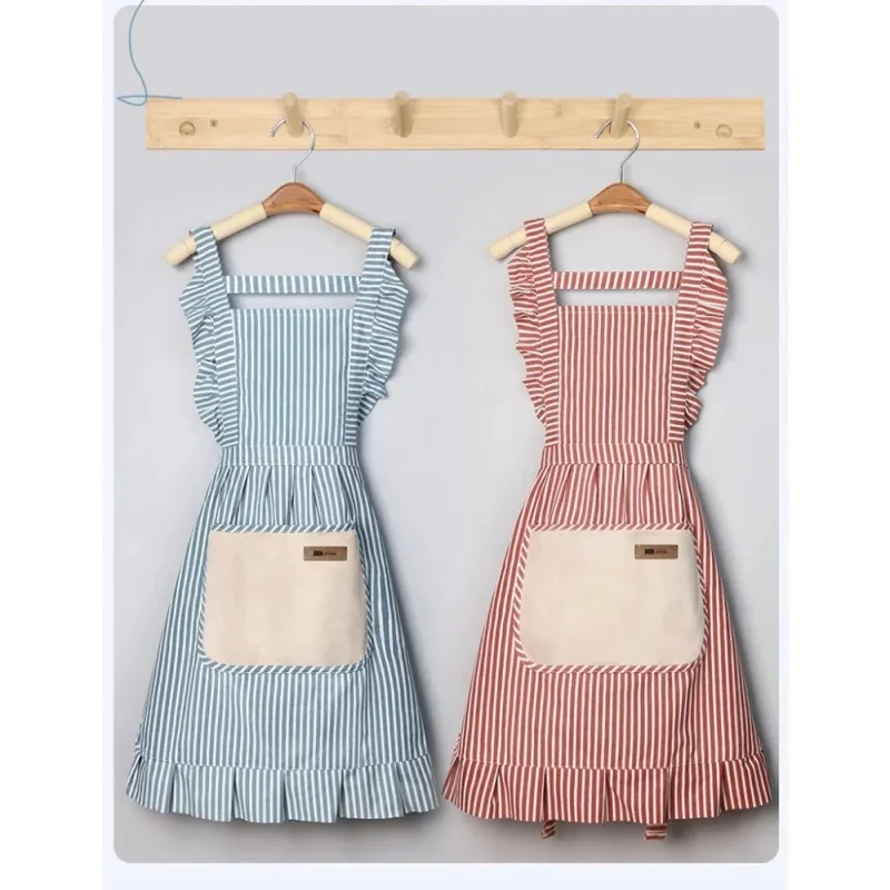 Fashionable Breathable Cotton Linen Striped Apron with Princess Waist Design Adjustable Shoulder Straps Belt for Household Chore