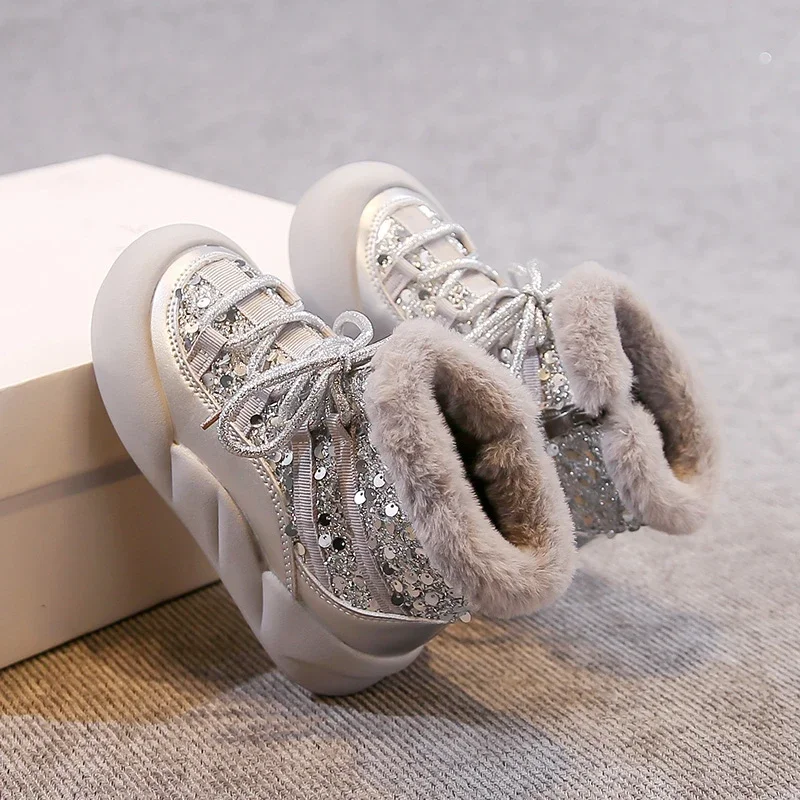 Kids Girls Glitter Sequin Snow Boots, Fuzzy Fur Collar Fleece Lined Side Zipper Thick Sole Winter Princess Boots