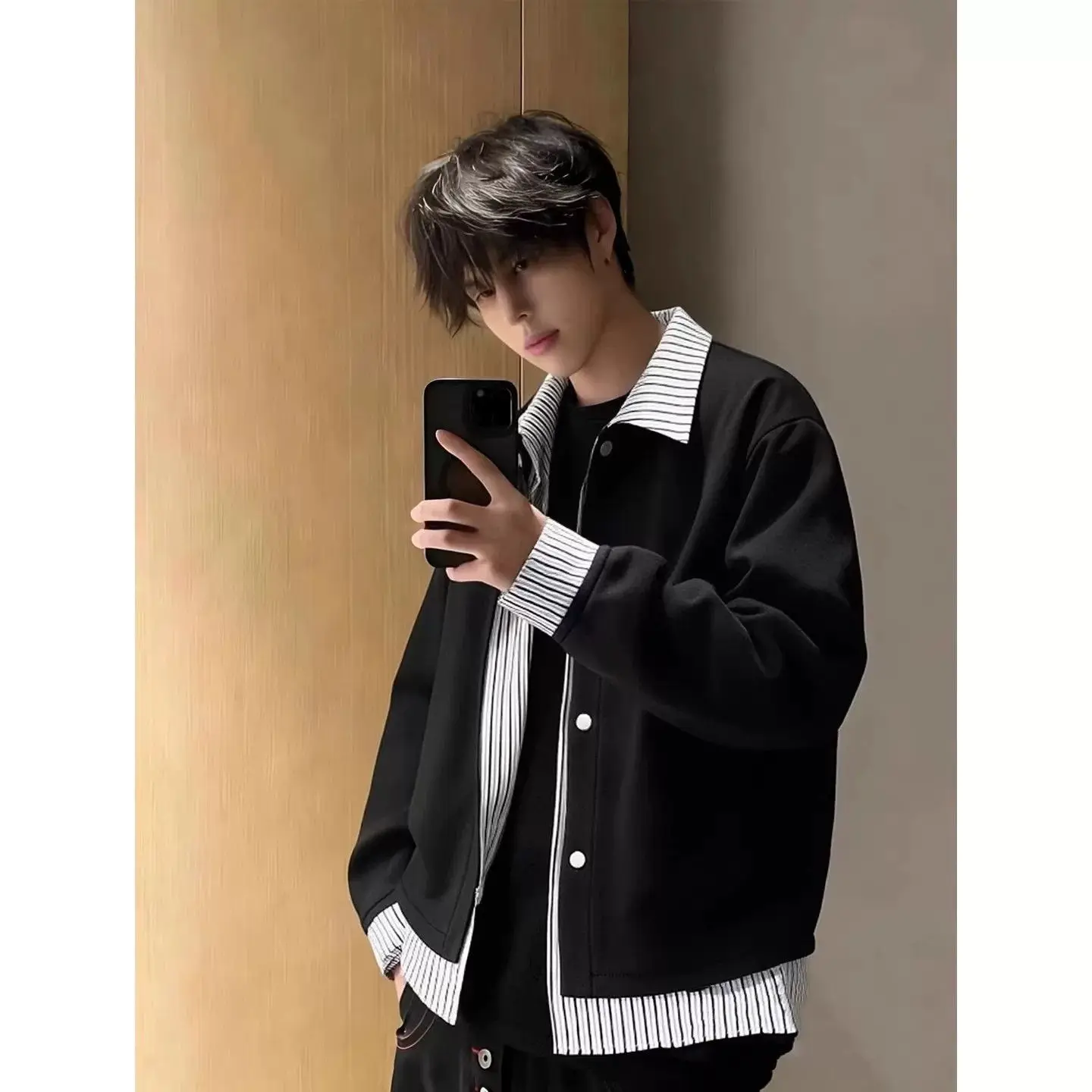 Men's Baseball Style Shirt Collar Jacket Spring Autumn Polyester Splice Design Casual Long Sleeve Button up Outerwear