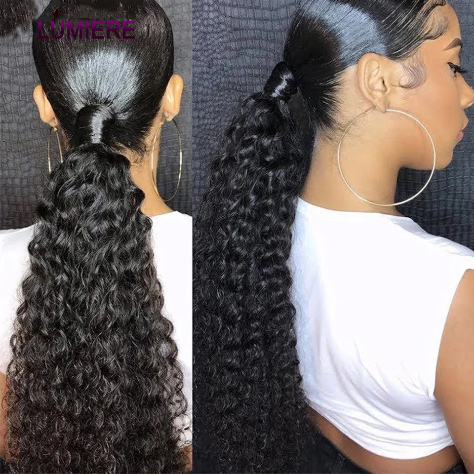 الأفرو غريب المياه العميقة مجعد موجة التفاف حول الرباط ذيل حصان وصلات شعر بشرية 100% شعر بشري حقيقي البرازيلي كليب في Fo