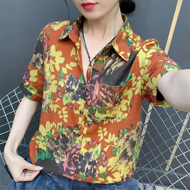 Women\'s Clothing Turn-down Collar Blouse Vintage Floral Printed Summer Short Sleeve Casual Stylish Pockets Spliced Button Shirt