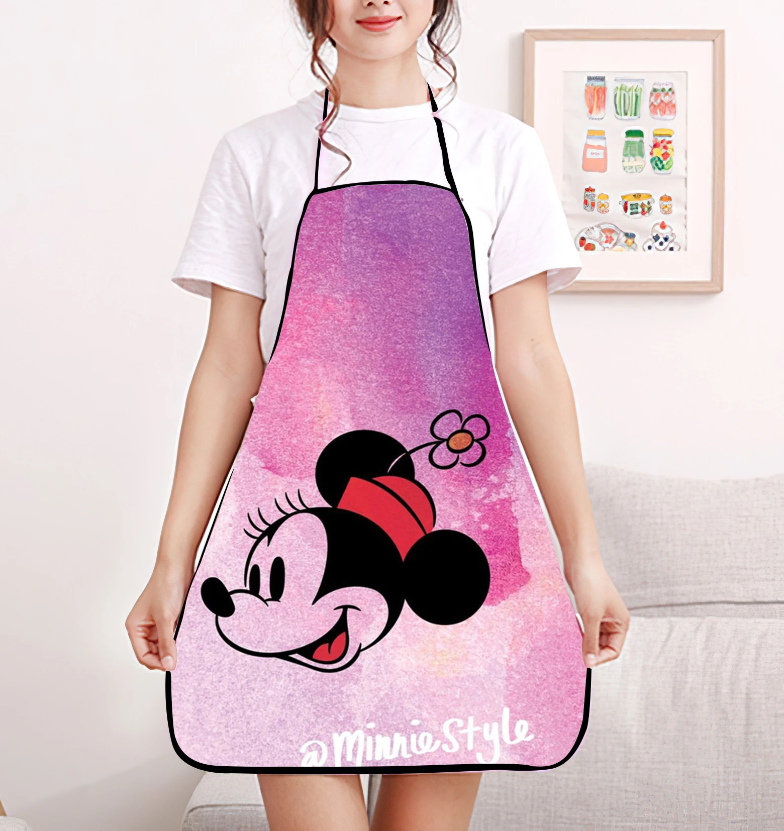 Disney Fashion Cartoon Printed Apron - Adjustable One Size Design, Durable Polyester Material, Great for Gardening