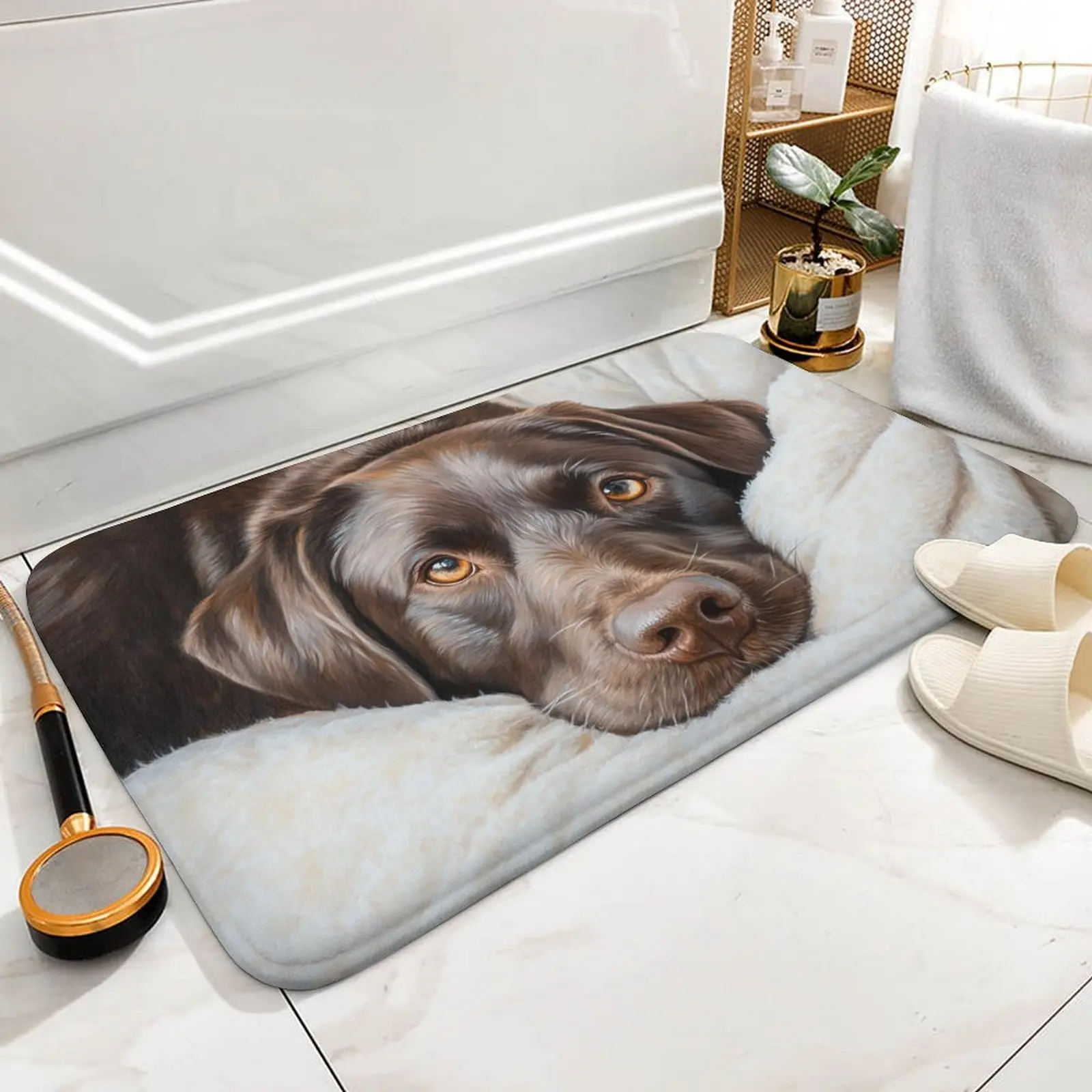1pc [] Chocolate Labrador Realistic Painting Doormat, Plush Flannel Polyester Floor Mat, Non-Slip Rubber Bottom, Machine Washabl