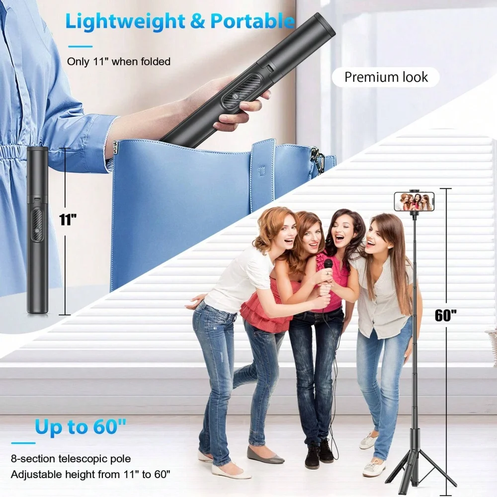 LISCN Bluetooth Selfie Stick Tripod 1.53m Mini Extendable 3 in 1 Aluminum Selfie Stick with Wireless Remote and Tripod