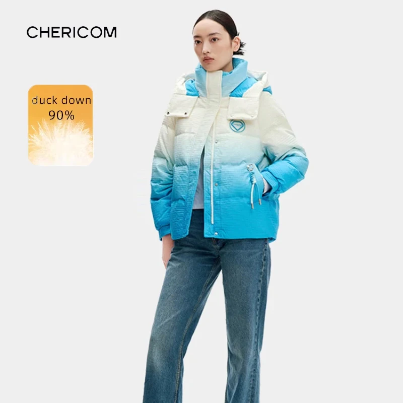 

Женские пуховики Chericom с капюшоном и градиентом, короткие ветрозащитные пуховики с воротником-стойкой и цветными блоками Y289082Y
