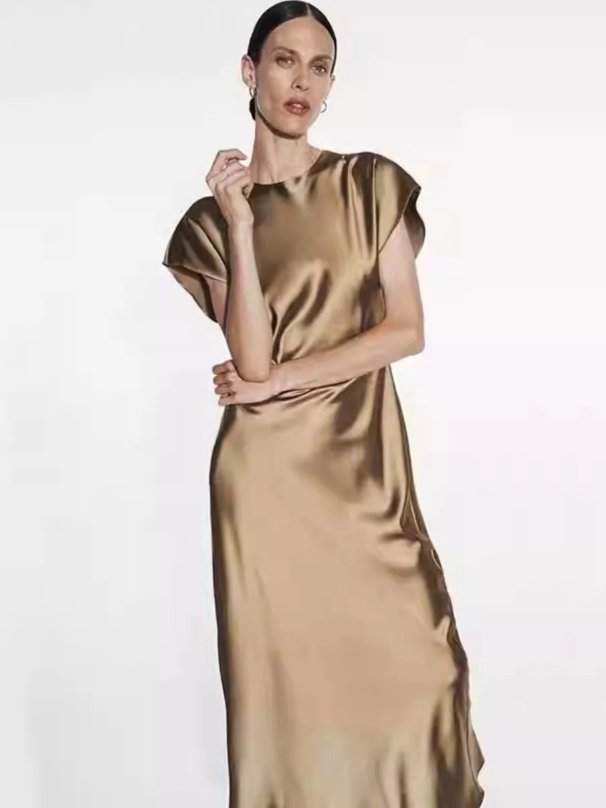 Chic décontracté soie Satin Midi Dr automne nouveau Sle femmes Faionable rue Sle rond Ne ort Sve a-ligne Dr