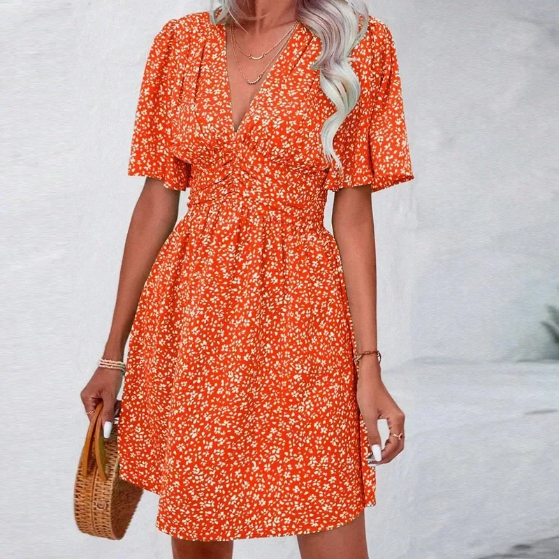 2025 New Summer Short Sleeve Dresses for Women V-Neck Print Women Dress A-LINE Short Dress Women Vestidos De Verano Mujer Q63