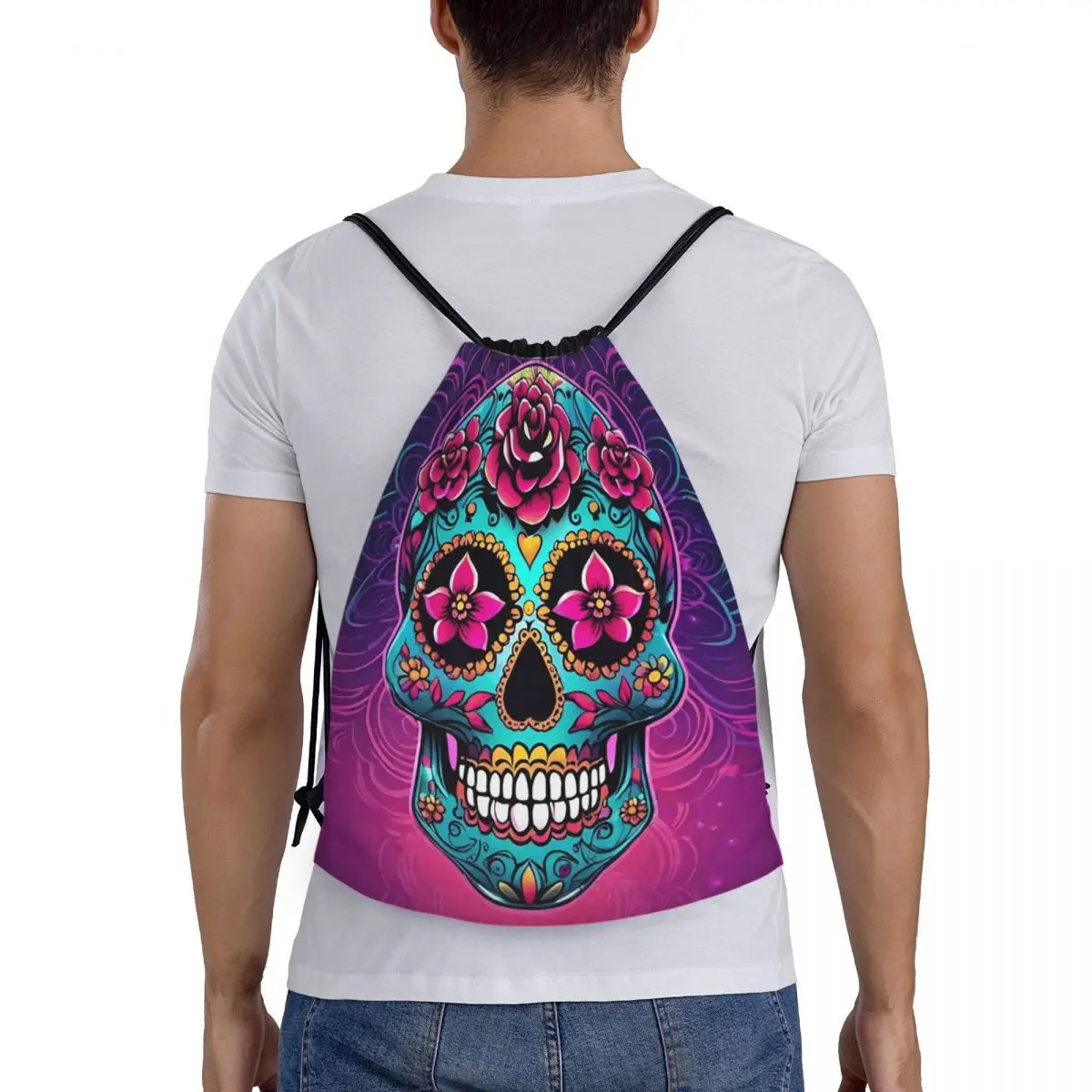 Mexican Sugar Skulls And Flowers Backpacks Portable Drawstring Bags Sports Bag Book Bags for Travel Students