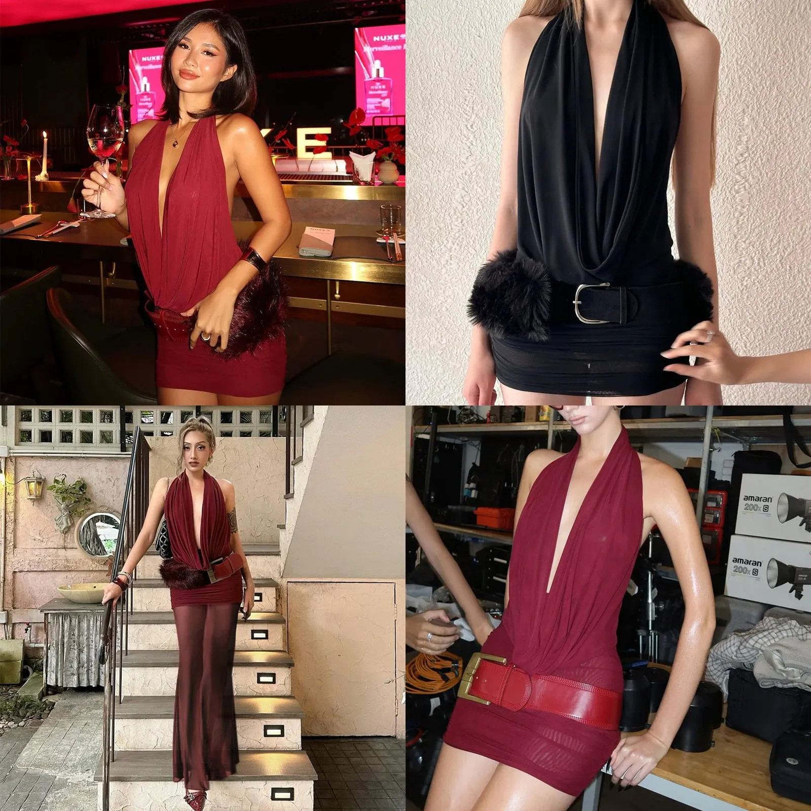 Sleeveless Bodycon Dress Set with Hollow Out Backless Deep V Neck, Sheer Mesh Midi Skirt Set Matching Jumpsuit Playsuit