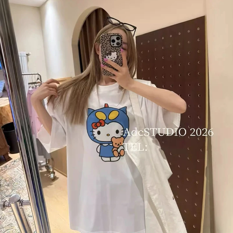 

Oversized Hello Kitty Women's T-Shirt Cosplay Print Cotton Short Sleeve Tee, Cute Cartoon Streetwear, White Summer Leisure Top