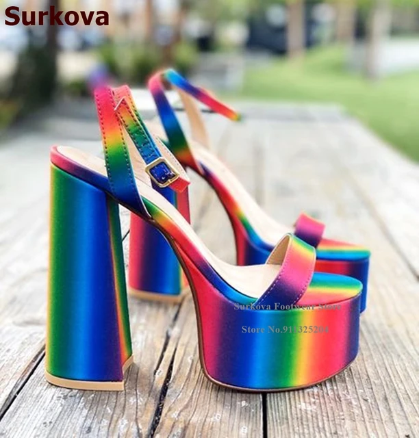 Surkova Rainbow Stripe Chunky Heel Platform Sandals Hologram Leopard Buckle Strap Nightclub Shoes Neon Yellow Crocodile Heels Women s Sandals AliExpress