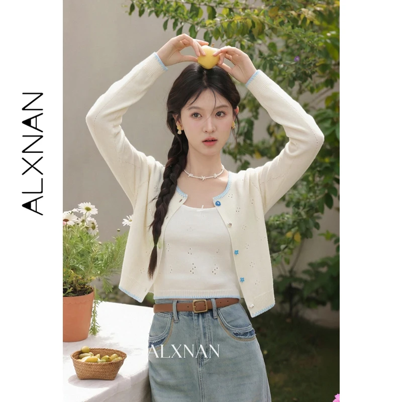 ALXNAN Women's Knitted Camisole Fashion Elegant Sleeveless Tops Light Blue Contrast Color Hollow Out Sweet Innerwear L61520BX
