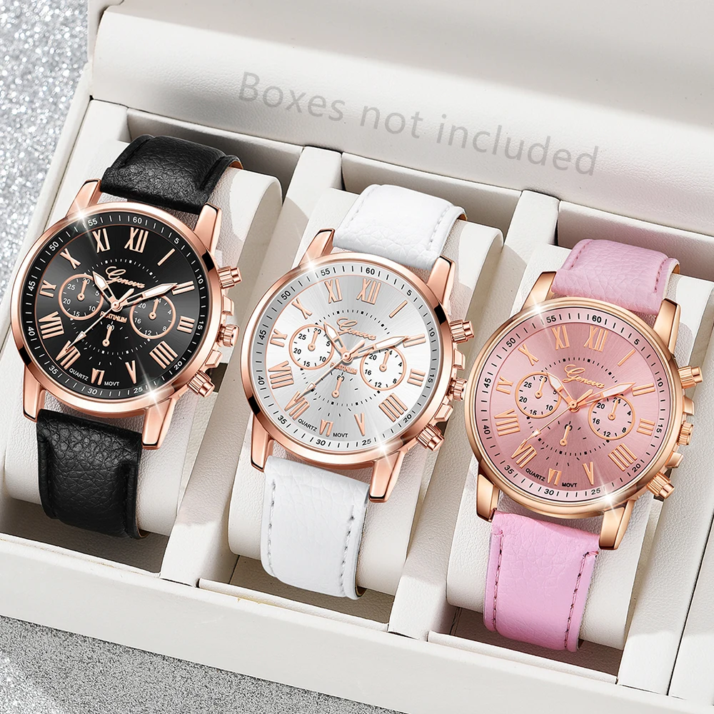 3pcs/Set Fashionable And Simple Roman Watch Round Quartz Watch Leather Wrist  Ideal Choice For Gifts